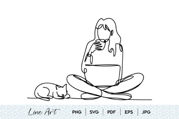 Girl with Cat Line Art SVG