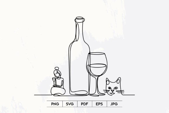Wine Bottle Cat Line Art SVG